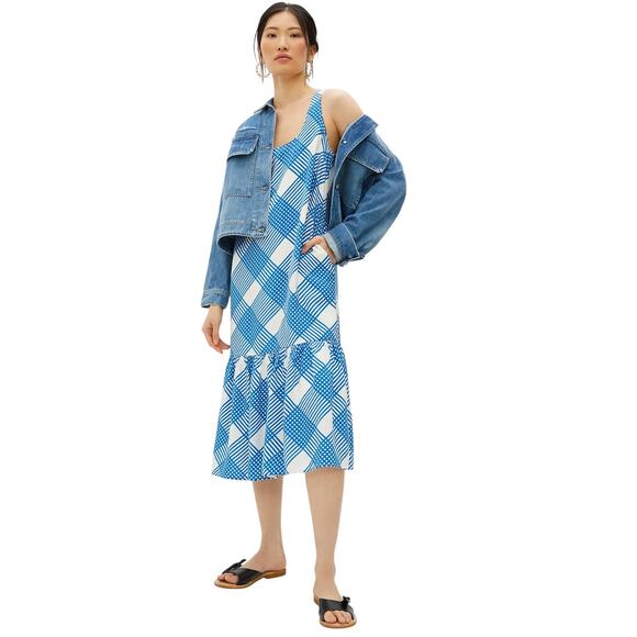 Anthropologie Blue Michaela White Plaid Flounced Midi Dress - Picture 1 of 12